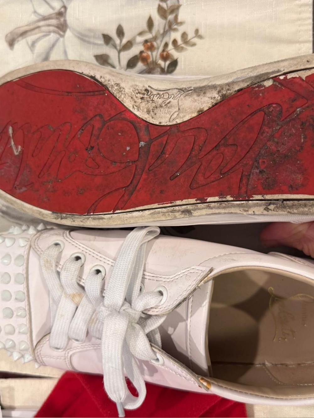 Christian Louboutin White Leather Spike Low-Top Sneakers with Red Soles
